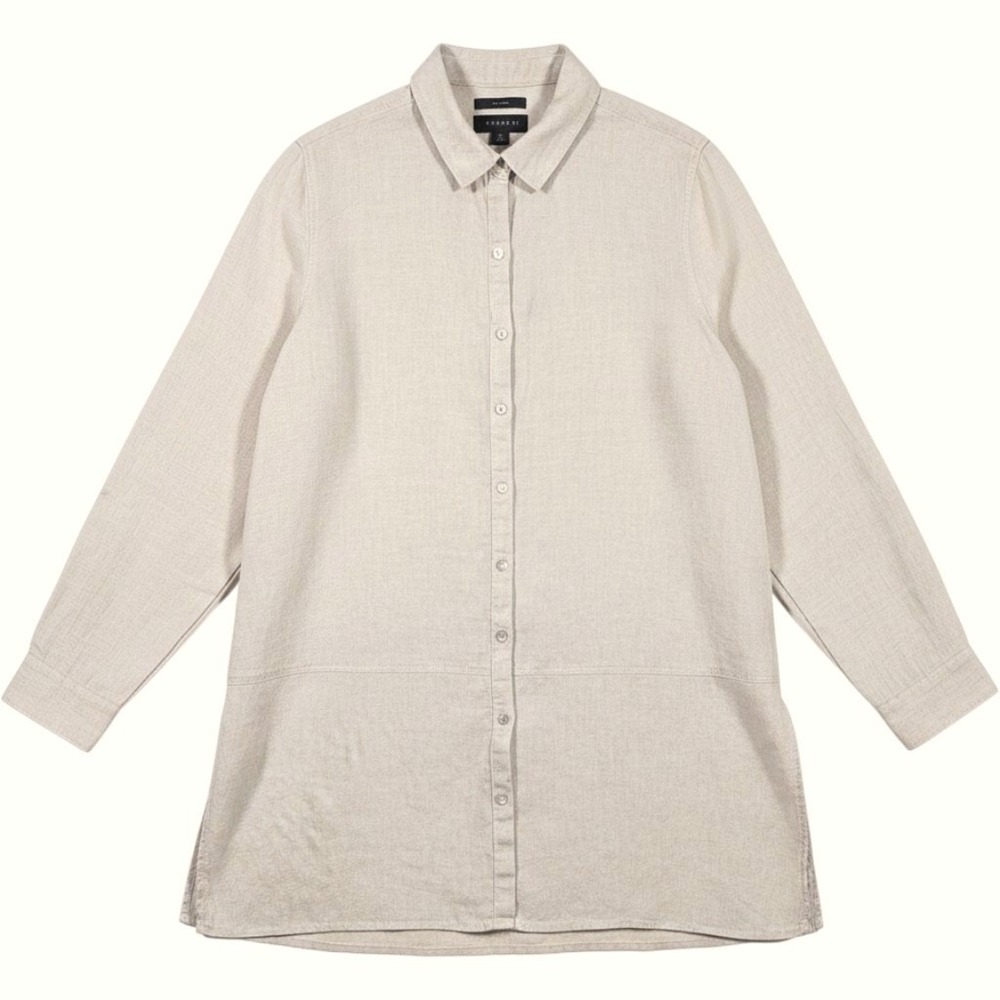 Tahari 100% Linen Button Down Tunic Shirt Womens L Beige Long Sleeve Roll Tab‎